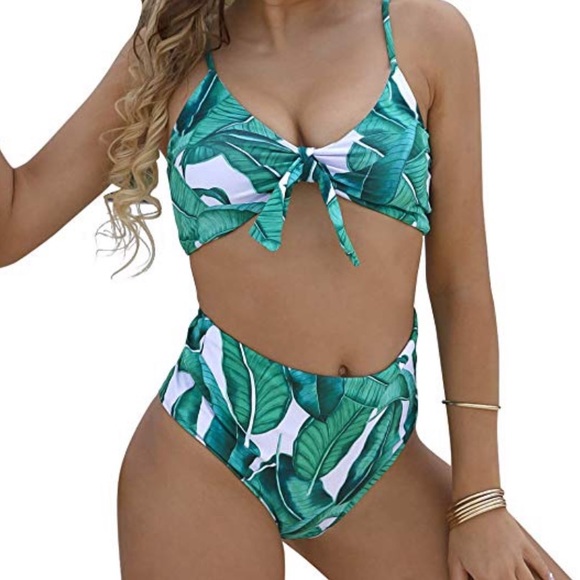 none Other - Green Jungle Palm Leaf High Waisted Swimsuit